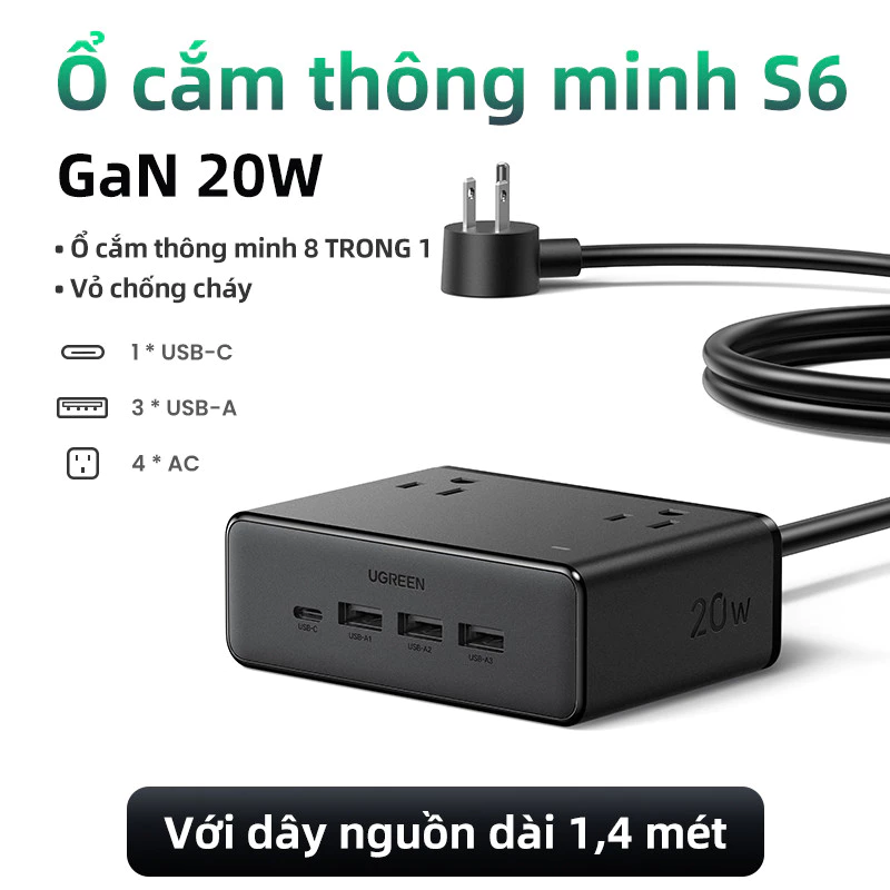 Cục Sạc Có Dây Kiêm Ổ Cắm Điện Ugreen S6